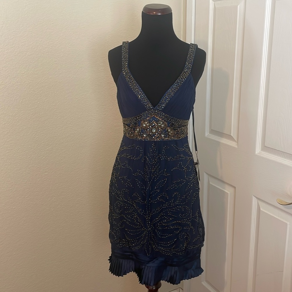 New Sue Wong Navy Blue Beaded Sequins Silk dress